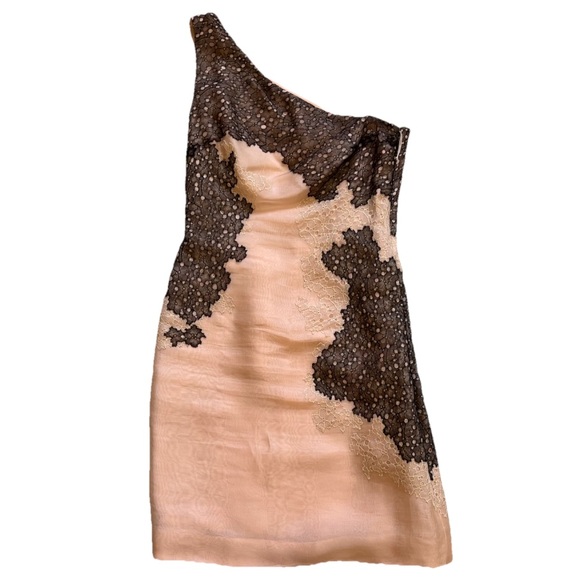 J. Mendel Dresses & Skirts - J. Mendel One-Shoulder Dress in Blush w/ Black Lace Detailing Size 6 Silk Chic